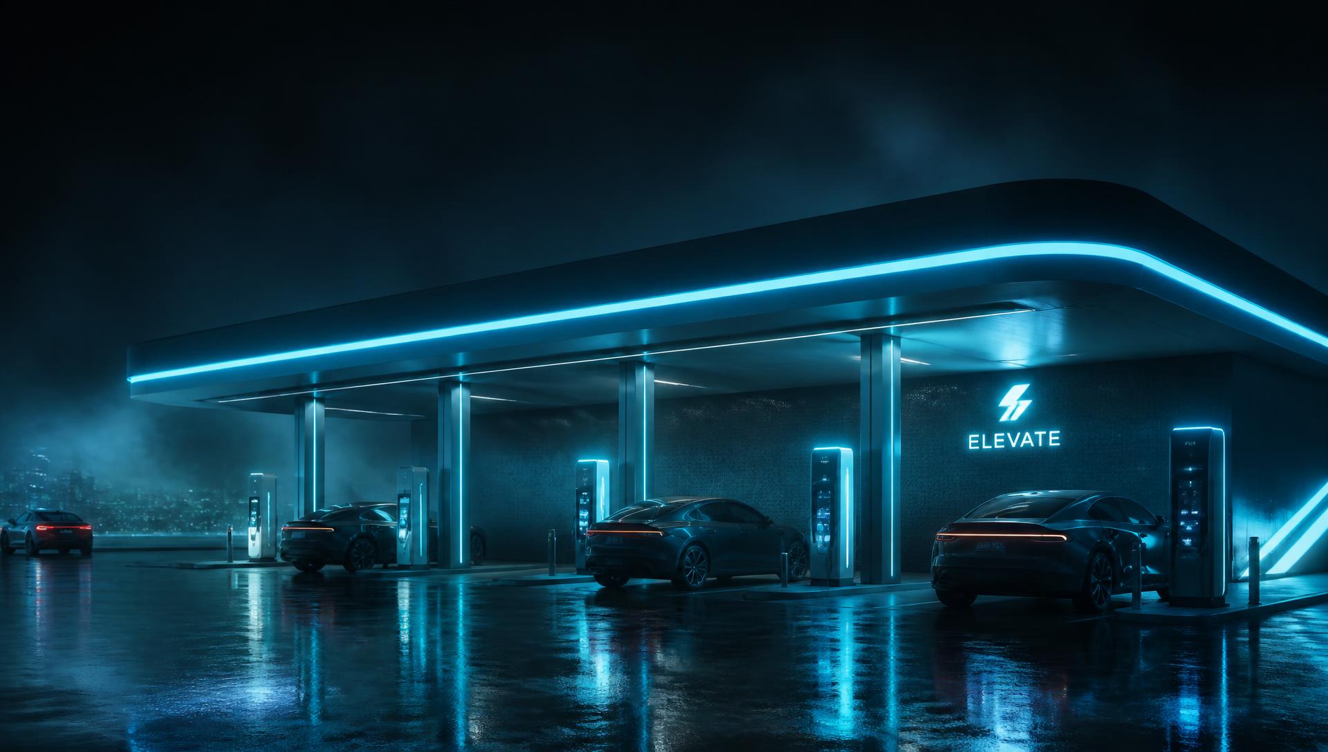 Futuristic electric vehicle charging hub glowing at night